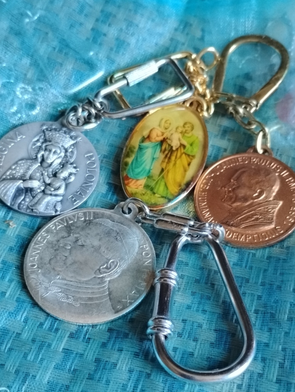Religious Medal Keychain with Colorful Holy Image and Mixed Metal Medals